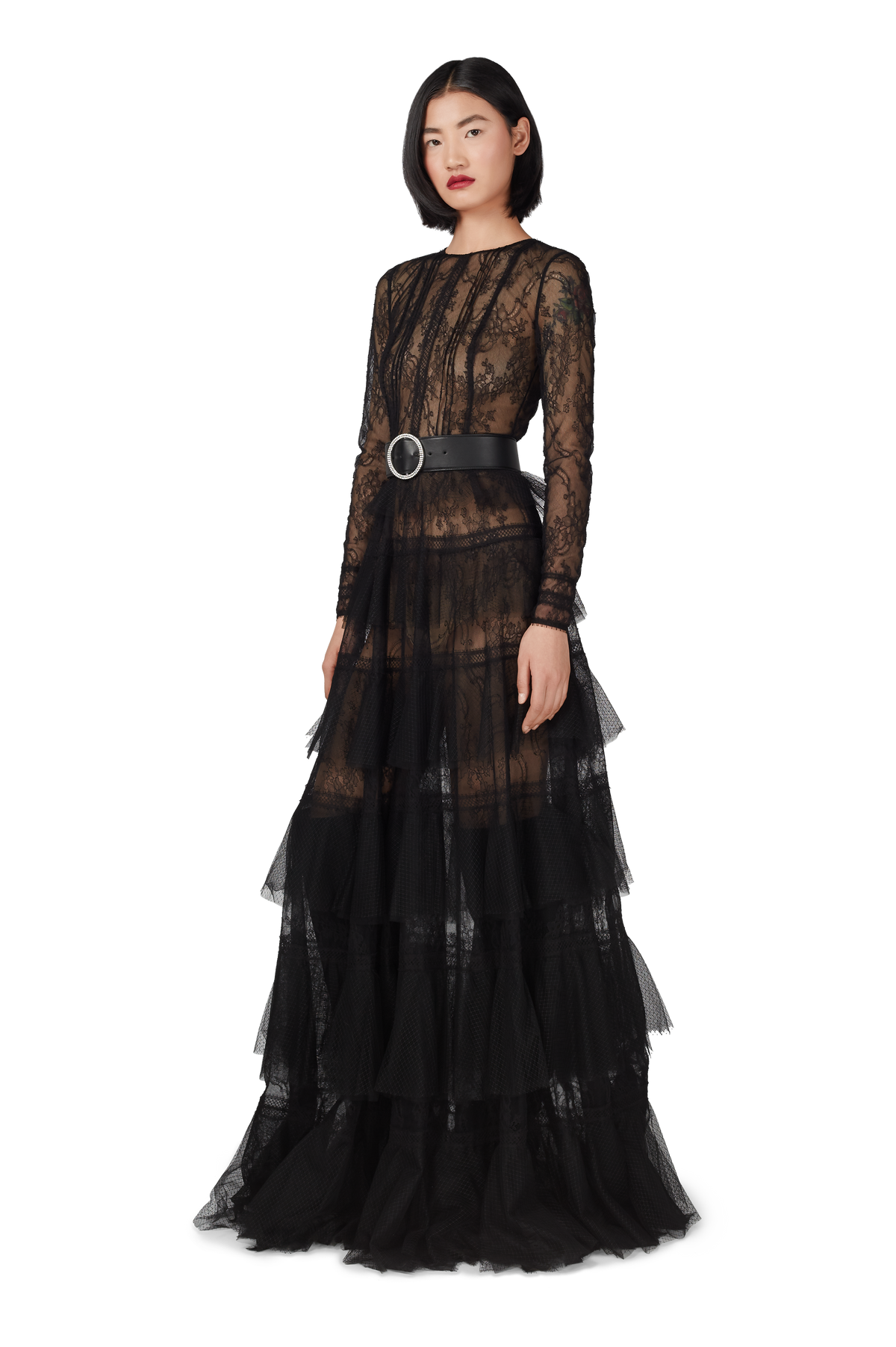 Black Chantilly Lace Pleated Gown